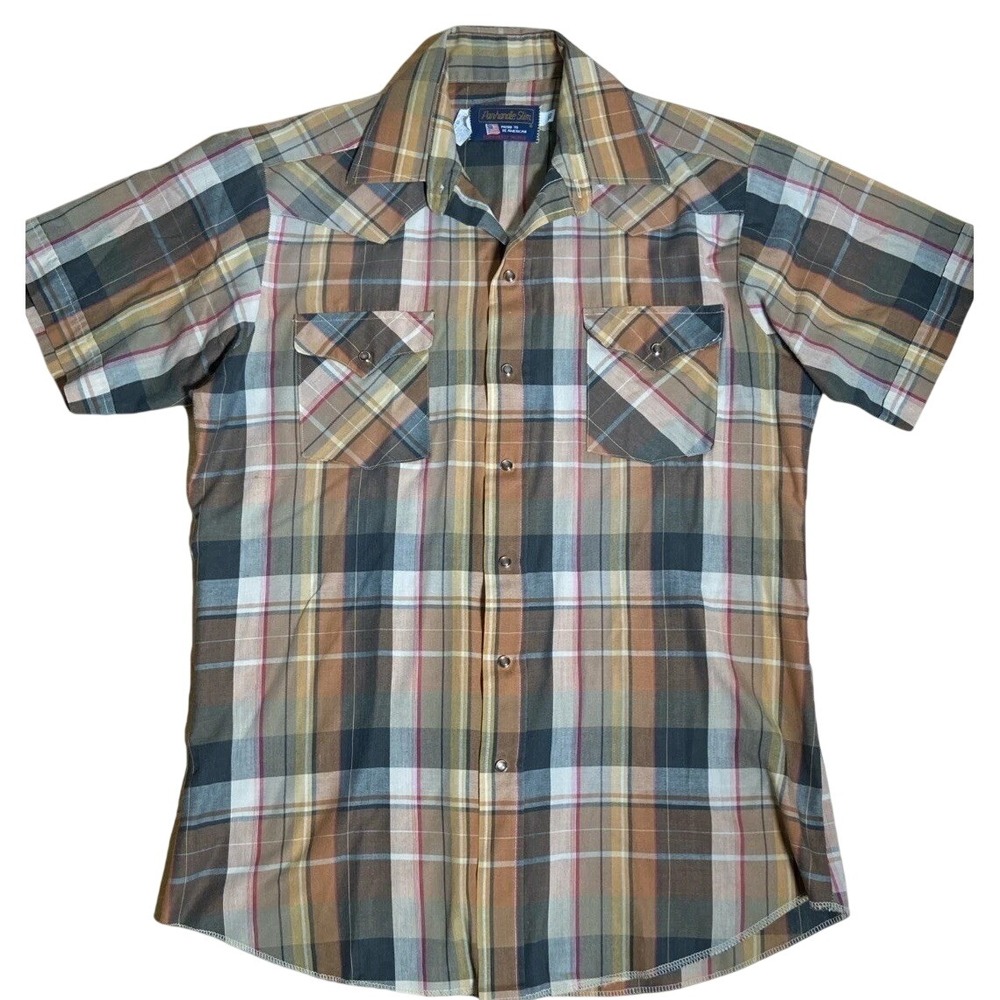 Vtg Panhandle‎ Slim Men's Plaid Western Snap Shirt USA Made Size L Short Sleeve